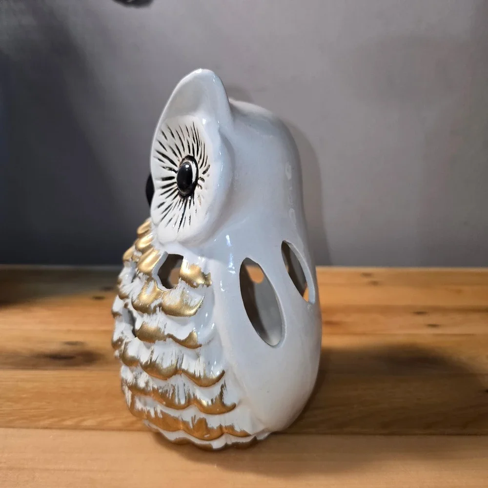 Hobby Lobby White Ceramic Owl Candle Holder Gold Accents Fall 2022 HL9182185